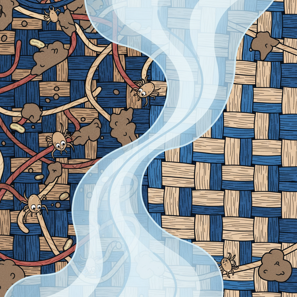 A close-up, macro-style illustration focusing on the microscopic effect of steam. On one side of the image, intricate upholstery fabric fibers are shown tangled with stylized dust mites, bacteria, and grime. A subtle, swirling steam cloud then transitions across the image, and on the other side, the fibers appear pristine, free from any contaminants, visually demonstrating the disinfection and deep cleaning power. Flat illustration style with a clean, scientific aesthetic.