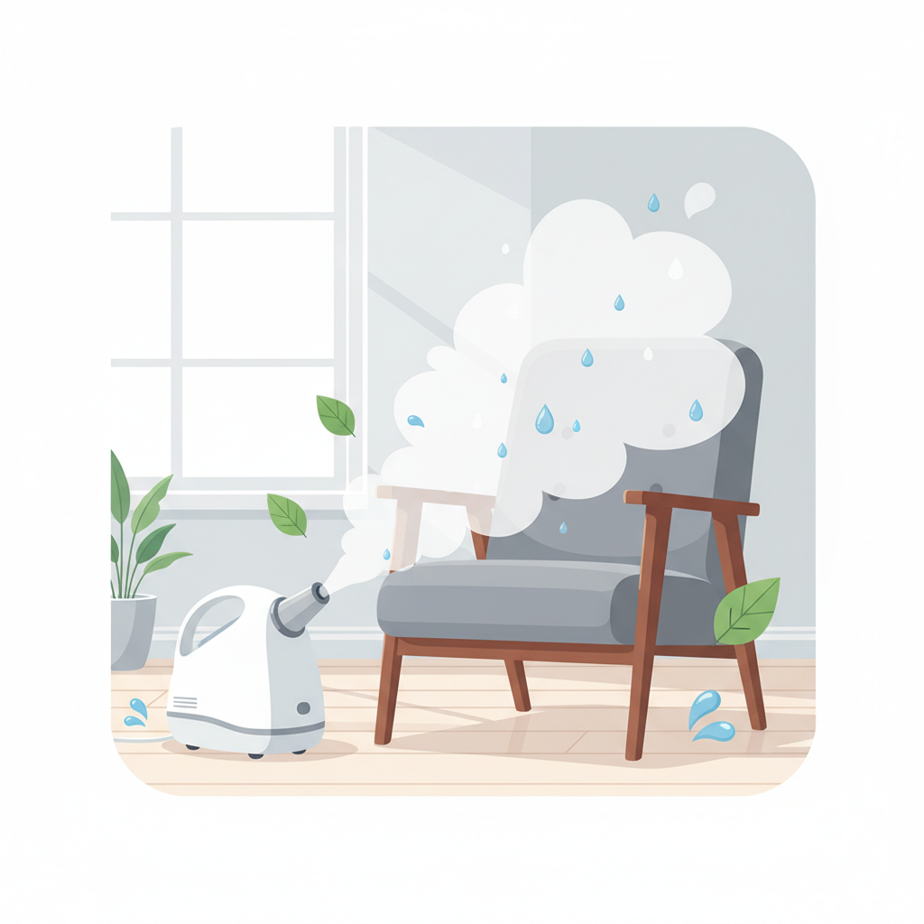 A minimalist and artistic illustration emphasizing the chemical-free aspect of steam cleaning. A stylized steam cleaner sits next to an upholstered armchair in a light, airy room. Instead of cleaning solutions, the cleaner emits pure, visible steam that gently cleans the chair. Surrounding the chair and cleaner are subtle, symbolic elements like shimmering water droplets and fresh, green leaves, representing natural cleaning and an eco-friendly, healthy environment. Soft, clean, modern flat illustration style.