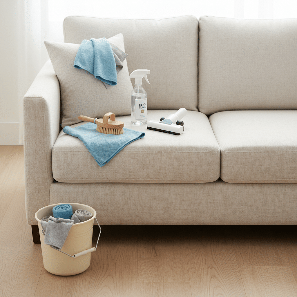 A professional photo from above, showing a comfortable, light-colored sofa with various cleaning tools neatly laid out on and around it. Include a spray bottle, microfibre cloths, a small brush, a hand-held vacuum cleaner attachment, and a bucket. The scene should exude a sense of methodical preparation and cleanliness. Soft, natural lighting.
