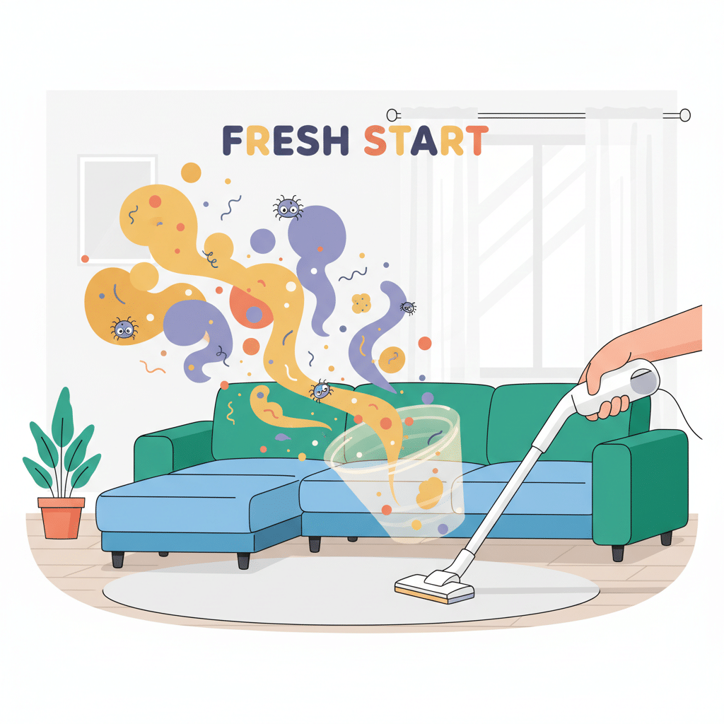 A vibrant, flat illustration depicting a sectional sofa being 'cleaned' by abstract elements representing dust, crumbs, and microscopic allergens being lifted away. Show a gentle hand holding a vacuum cleaner attachment, and tiny stylized dust mites or allergens floating upwards. The background should be a clean, minimalist living room setting, emphasizing hygiene and freshness.