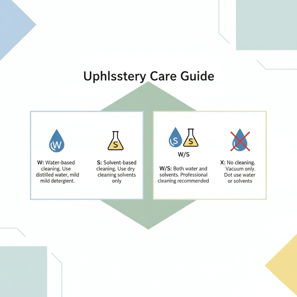An infographic-style illustration of upholstery care labels with their corresponding meanings. Clearly display four common symbols: 'W' (water droplet), 'S' (chemical beaker or 'S' letter), 'W/S' (combination of both), and 'X' (crossed-out water droplet). Each symbol should be next to a brief, clear explanation of its cleaning recommendation, using a clean color palette and simple icons.