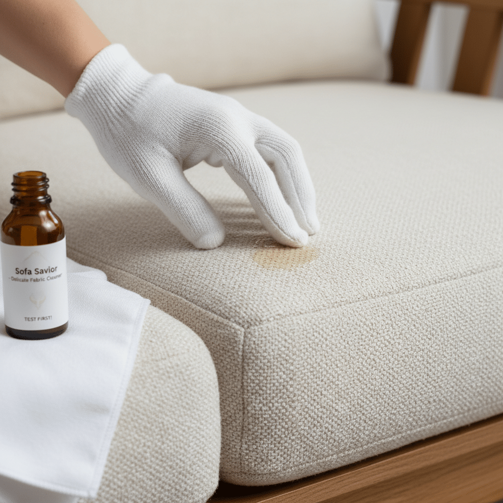 A close-up professional photo of a hand gently applying a cleaning solution to an inconspicuous spot on the underside of a sofa cushion. The fabric should show a subtle texture, and the focus should be on the careful testing process. A small, labelled bottle of cleaning solution and a clean cloth should be visible, highlighting the 'test first' principle.