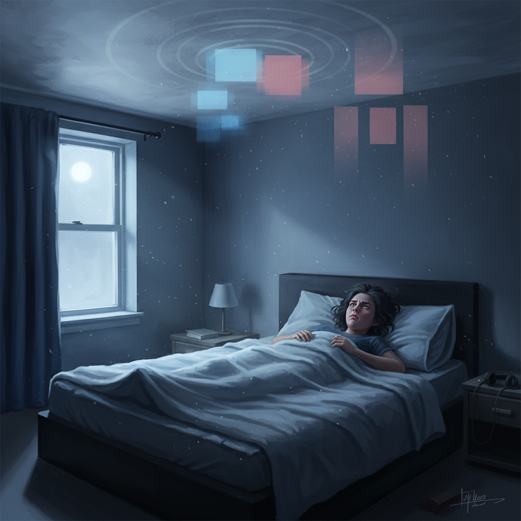 A serene bedroom scene at night. A person lies awake in bed, eyes open, looking up towards the ceiling with a frustrated expression. Above them, subtle, abstract visual representations of sound waves or muffled thumping patterns emanate from the ceiling, indicating noise from the upstairs apartment. The room is dimly lit by moonlight, emphasizing the late hour and the disruption. The overall mood should convey annoyance and sleeplessness. Style: Realistic digital painting with a slightly cinematic, atmospheric feel.