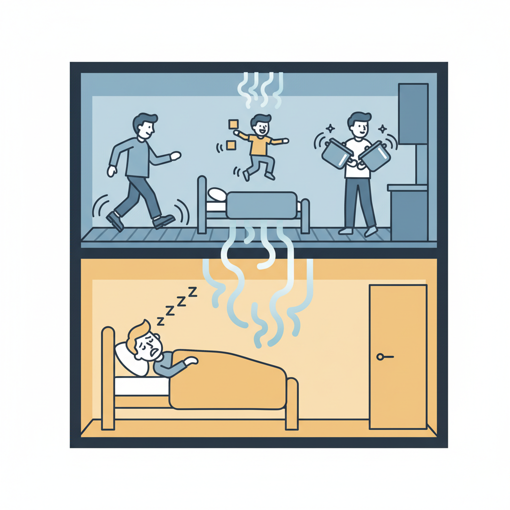 A cross-section illustration of two apartment floors. In the lower apartment, a person is trying to sleep. Above them, in the upper apartment, various simultaneous nighttime activities are depicted: a person's heavy footsteps, a child jumping or dropping a toy, and someone in the kitchen clanking pots. Abstract sound wave icons visually connect these activities to the ceiling of the lower apartment. The overall style should be a clean, modern flat illustration with distinct layers for each floor and subtle color coding.