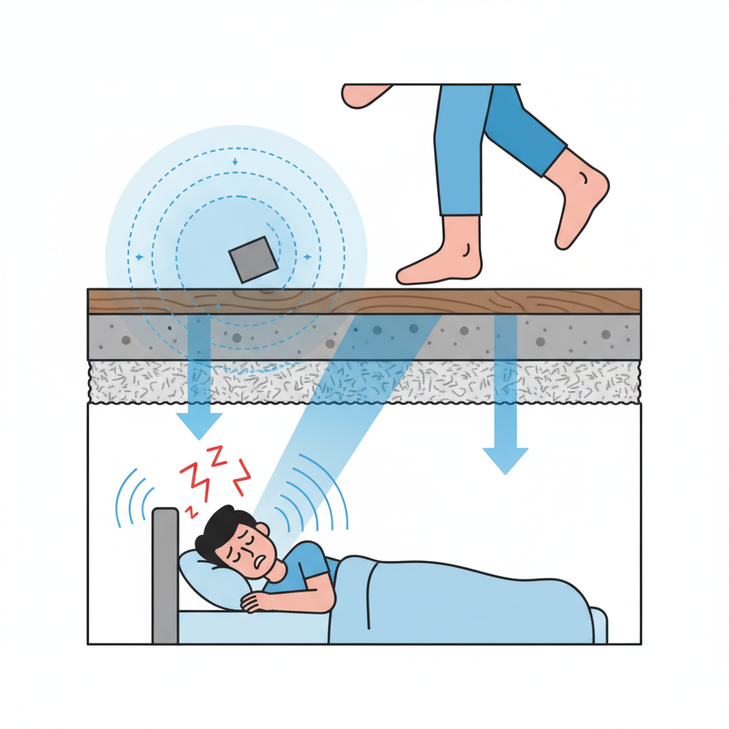 An infographic-style illustration depicting sound transmission through a building structure. The image shows a detailed cross-section of a floor and ceiling between two apartments. From the upper apartment, a source like a dropped object or footstep emits stylized sound waves. These waves are shown traveling through the floor material, then the ceiling of the lower apartment, visibly affecting a person trying to rest below. Emphasize the materials and the path of the sound. Style: Clean, crisp vector illustration with clear visual lines and subtle energy effects for sound.