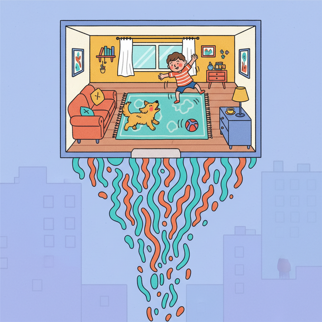 A whimsical flat illustration depicting common noise sources from above. The upper part of the image shows an apartment interior where a playful child is actively running or jumping, and a lively dog is barking or chasing a toy. Below, an abstract representation of the sound (e.g., squiggly lines or sound bubble patterns) descends through the floor. The style should be vibrant and lighthearted, contrasting with the potential annoyance, to clearly illustrate typical everyday activities causing noise.