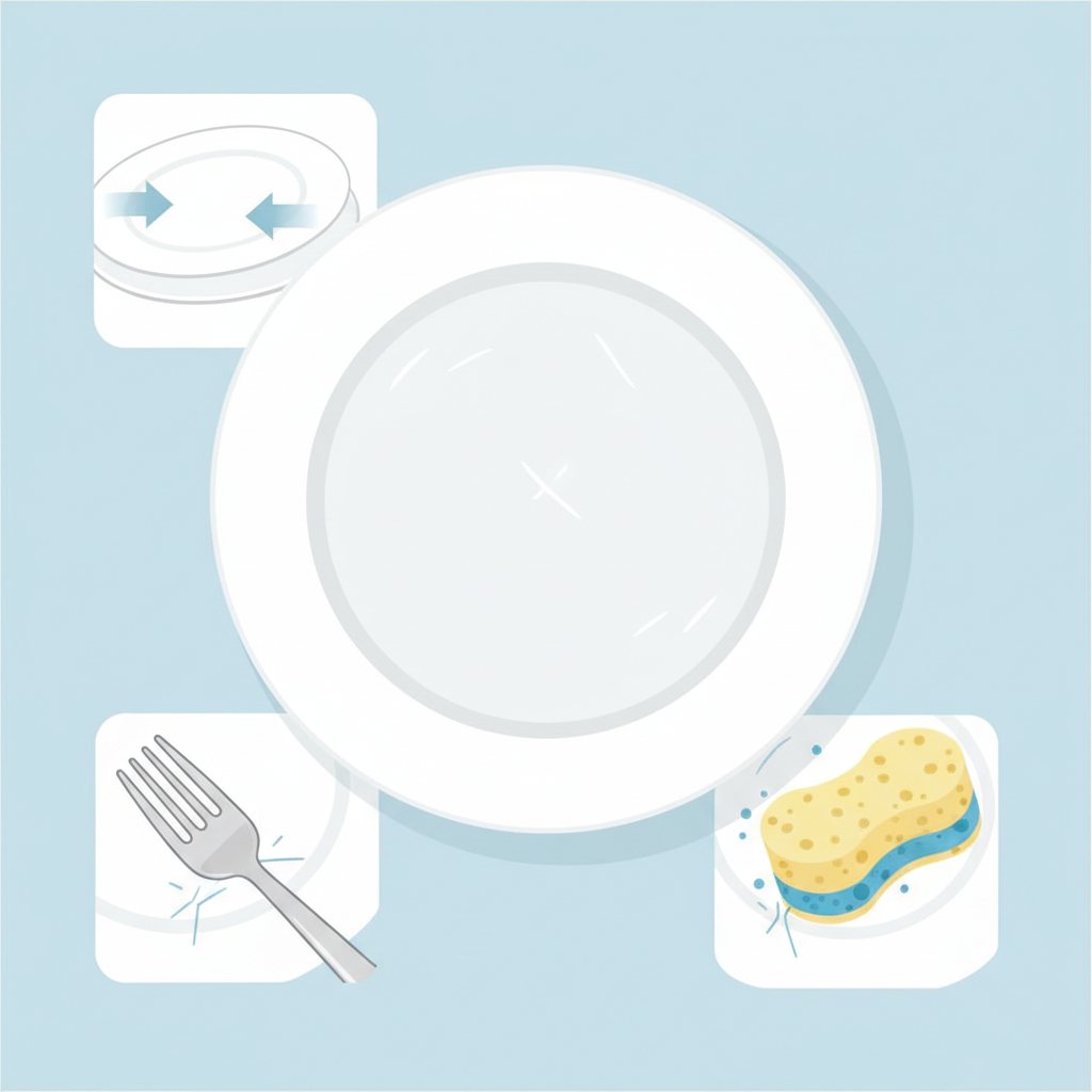 A flat illustration depicting the various causes of scratches on porcelain. The central focus is a pristine white porcelain plate, subtly displaying a few faint scratch-like marks. Around it, smaller, illustrative elements show common culprits: two plates gently stacked causing friction, a metal fork lightly dragging across a surface, and a soft-looking but slightly abrasive cleaning sponge. The overall style is clean, modern, and infographic-like, using a soft color palette that highlights the porcelain's delicate nature and the issues affecting it.