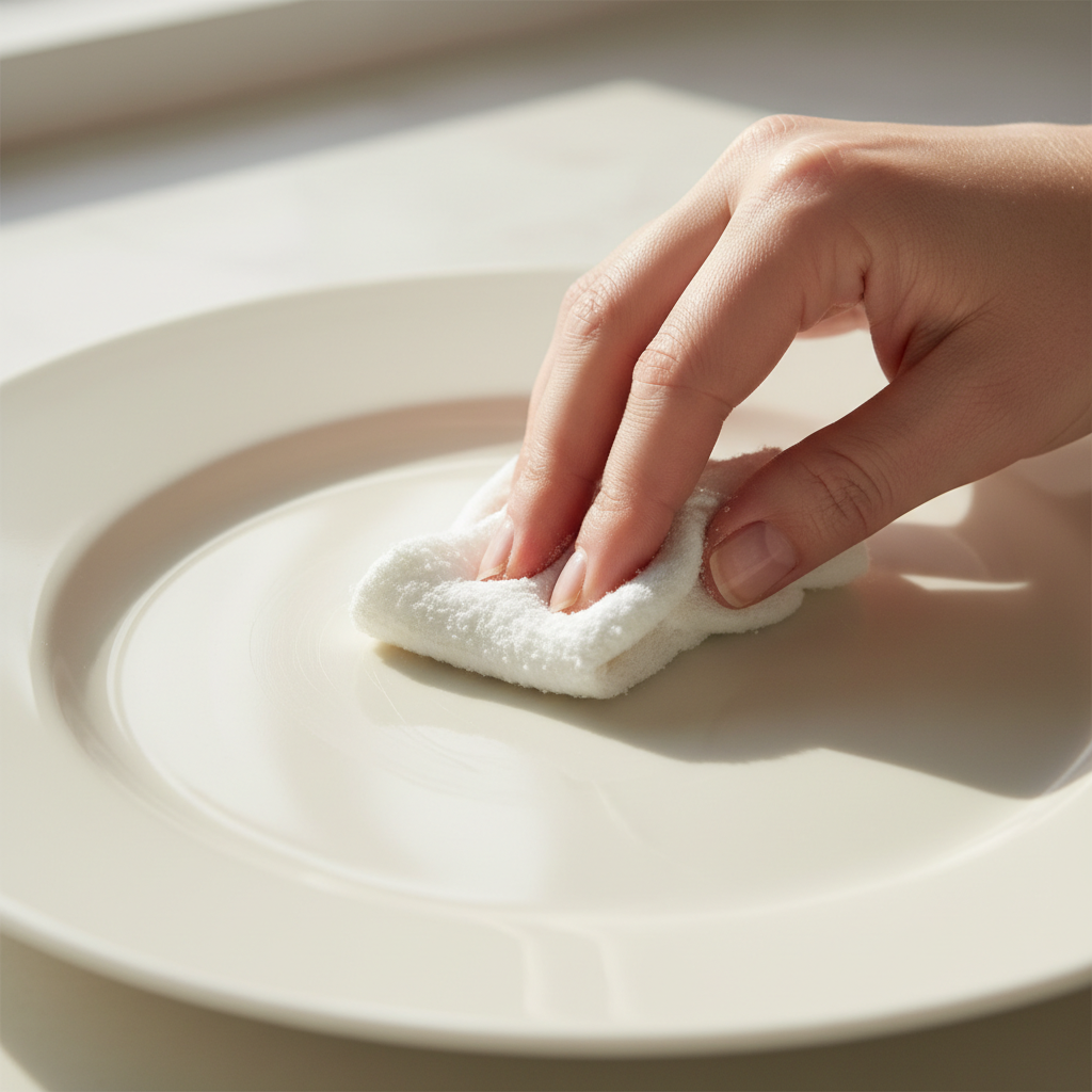A professional, close-up photo of a hand gently applying a household remedy to a subtly scratched porcelain plate. The plate, likely a white or light-colored dinner plate, has a few visible, faint scratch marks. A person's hand, with clean fingernails, holds a soft, damp cloth or a small amount of a pasty substance (like a baking soda mix) and carefully rubs a small area of the plate. The background is softly blurred, hinting at a clean kitchen or countertop. The lighting is bright and natural, emphasizing the delicate process and the smooth texture of the porcelain.