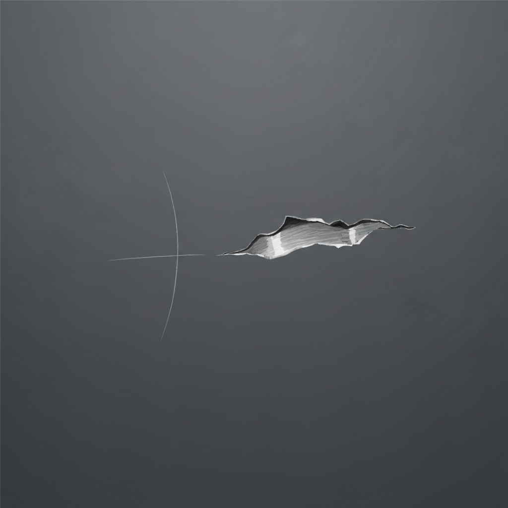 A close-up, high-detail digital illustration showing a section of a sleek, dark grey powder-coated front door. The surface clearly displays two types of damage. On one side, a faint, superficial scratch appears as a subtle, lighter line on the coating, hinting at minor surface abrasion. Adjacent to it, a distinct, deeper gouge cuts through the powder coating, revealing the lighter, contrasting metallic material of the door's core beneath. The surrounding area should be clean and smooth, emphasizing the visible imperfections. The style should be photorealistic but with artistic clarity, making the scratch types easily distinguishable.