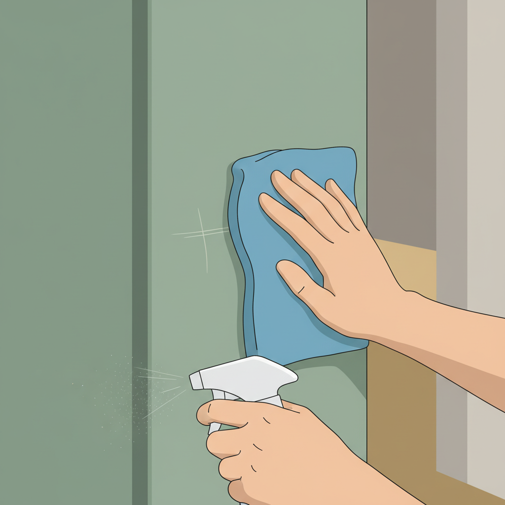 A modern, clean flat illustration depicting a close-up view of hands gently cleaning a section of a powder-coated front door. One hand holds a soft, clean microfiber cloth wiping over a noticeable scratch on the door's surface, while the other hand could be holding a subtle spray bottle or simply supporting the cleaning action. The door's color should be a pleasant, perhaps muted green or blue. The background is softly blurred, focusing entirely on the hands and the cleaning process on the door, emphasizing meticulous preparation before repair. The style should be professional and easy to understand.