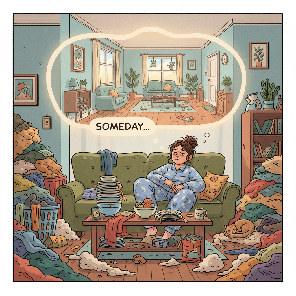 A tired person slouching on a sofa in a messy living room, surrounded by laundry piles, dust bunnies, and overflowing dishes, with a thought bubble above their head illustrating a sparkling clean house. The image should convey the feeling of being overwhelmed. Use a slightly exaggerated, illustrative style with warm, inviting colors that contrast the current messy state.