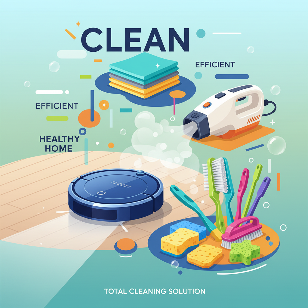 A vibrant, dynamic collage or infographic-style illustration showcasing a variety of cleaning tools and appliances. Feature a robotic vacuum cleaner gliding across a floor, a steam cleaner emitting a wispy cloud, microfiber cloths neatly stacked, and a colorful array of cleaning brushes and sponges. The overall impression should be modern, efficient, and visually appealing, symbolizing a comprehensive approach to cleaning.