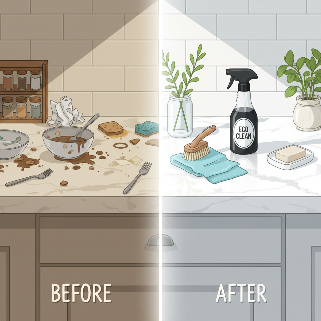 An illustration depicting the transformation of a cluttered, dusty kitchen counter into a gleaming, organized surface. On one side, show a dirty counter with crumbs and smudges, and on the other, a pristine, sparkling counter with a few aesthetically pleasing, modern cleaning tools (e.g., a sleek spray bottle, a neatly folded microfiber cloth). Use a split-screen or 'before & after' visual concept with clear, bright lighting for the 'after' section.