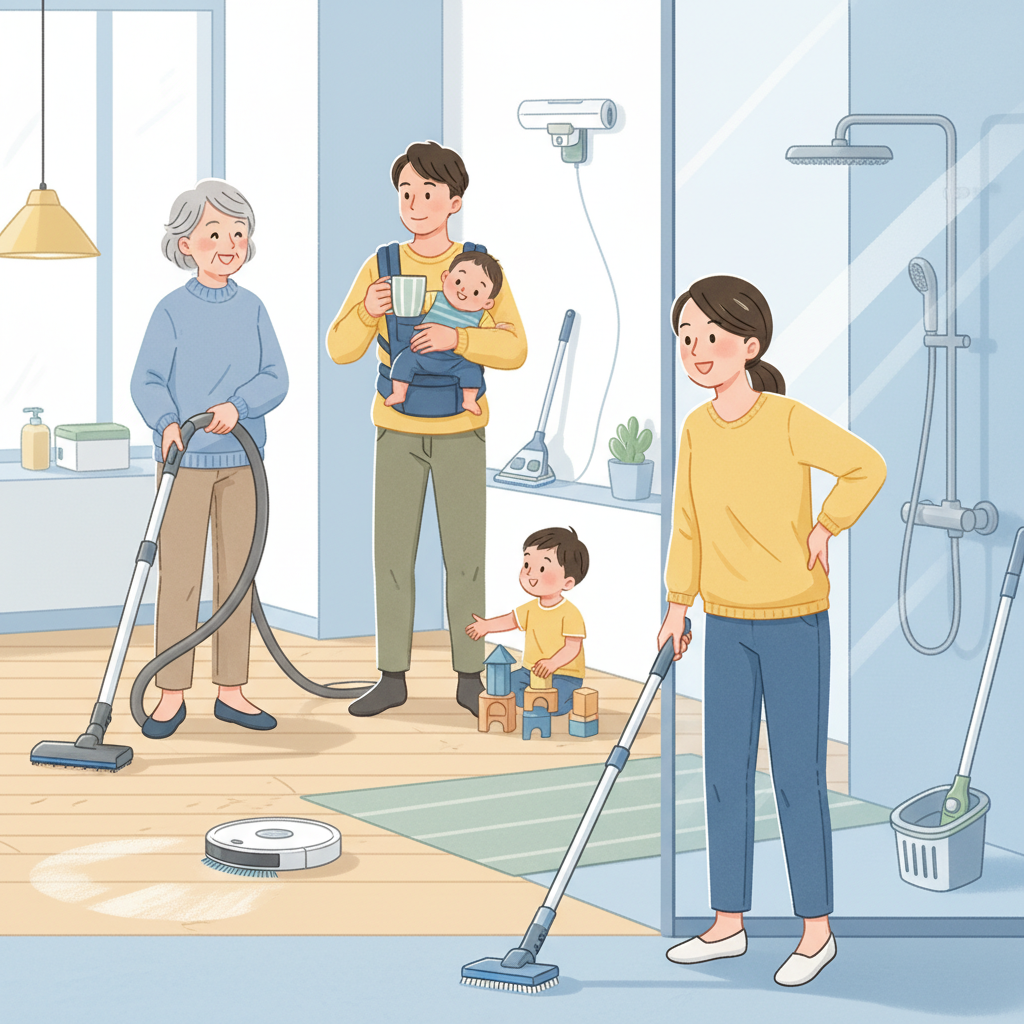 A diverse group of people (e.g., an elderly person, a busy parent, a person with a slight backache) effortlessly using various ergonomic and automated cleaning aids. Show them smiling and relaxed, indicating reduced physical strain and saved time. For instance, an elderly person easily operating a lightweight stick vacuum, or a parent watching a robot vacuum clean while they enjoy a cup of coffee. The style should be friendly and inclusive, with soft colors and clear, approachable figures.
