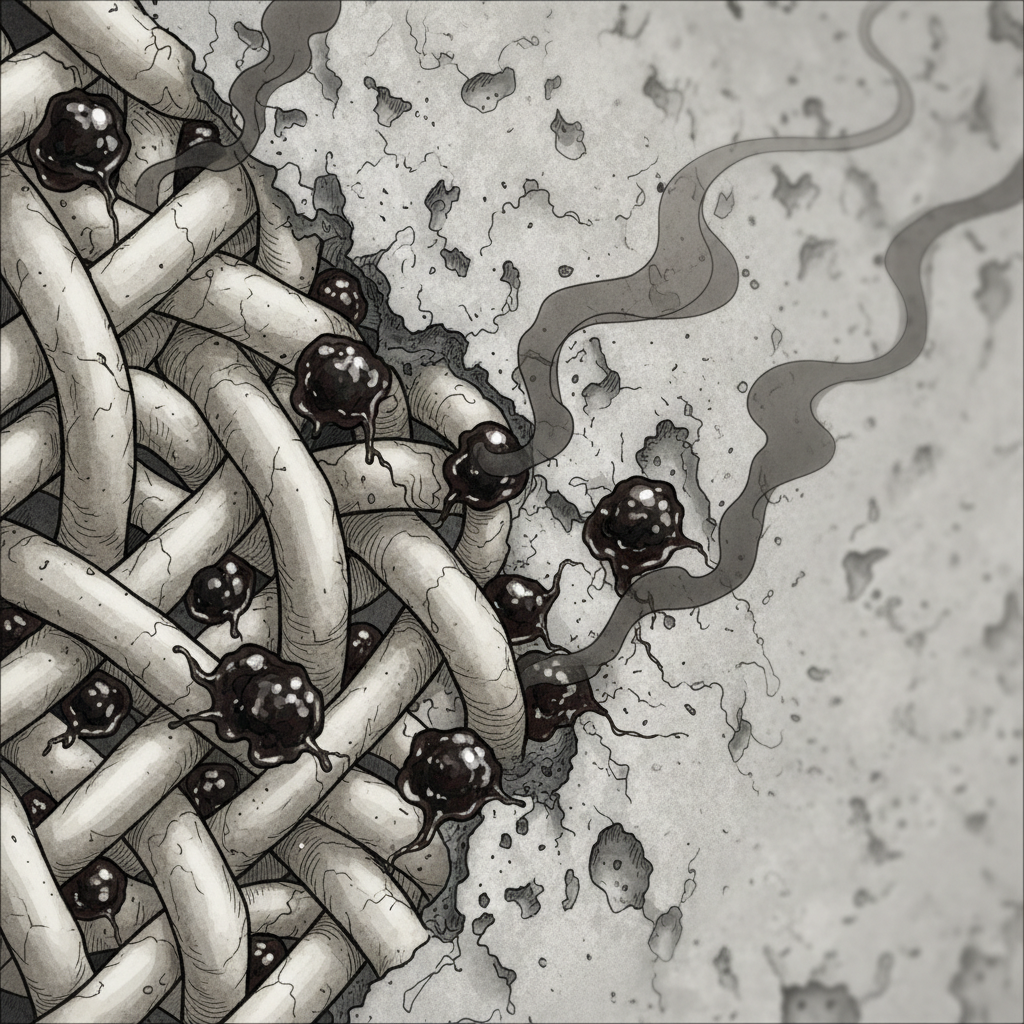A detailed macro illustration depicting tiny, dark, oily smoke particles embedding themselves deeply into the fibers of a woven fabric or the porous surface of a wall. The particles appear sticky and resilient, with a subtle, unpleasant swirling vapor around them, visually emphasizing their stubborn adherence. The style should be clean yet convey a sense of microscopic detail and persistence, using a muted color palette to highlight the problem.