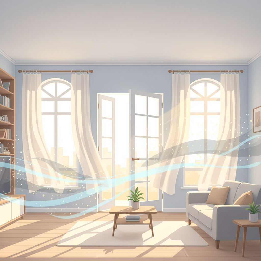 A bright, airy flat illustration of an apartment living room. All windows and the main door are wide open, creating a strong cross-breeze. Light-colored curtains are gently swaying inwards, and subtle, soft blue airflow lines indicate fresh air actively circulating and pushing out stale air. Sunlight streams into the room, illuminating dust motes being carried away, conveying freshness and renewal.