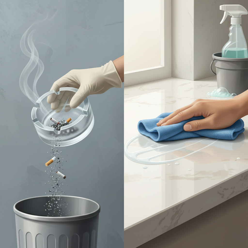 A realistic and clean digital illustration showing two distinct actions simultaneously. On one side, hands are carefully emptying an ashtray, with a faint wisp of smoke residue. On the other side, a hand actively wipes a smooth kitchen countertop with a damp cloth, leaving a visibly clean streak. A spray bottle and a bucket with cleaning solution are subtly visible, emphasizing the immediate removal of odor sources and surface cleaning.
