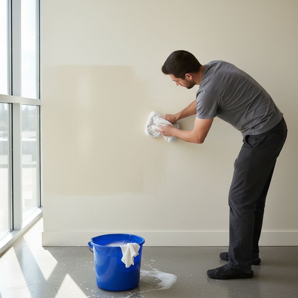 A professional photograph from a slightly elevated angle, capturing a person diligently cleaning a light-colored wall. The person is focused, holding a large, damp sponge or microfiber cloth. A bucket of clear, soapy water is positioned neatly on the floor nearby. One section of the wall already appears noticeably brighter and cleaner, highlighting the effort and effectiveness of thorough cleaning.