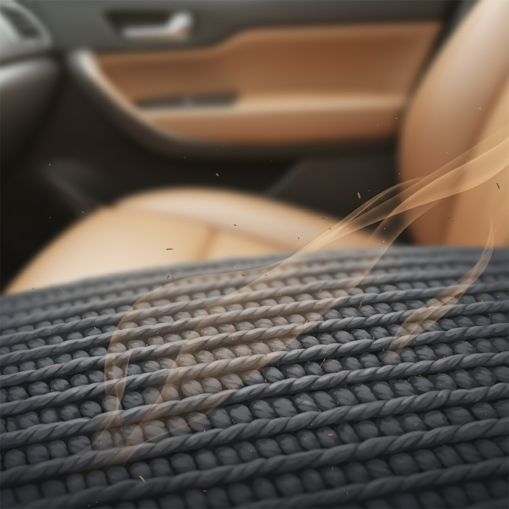 A close-up, macro-style illustration of a car seat fabric, possibly a plush grey or black textile. Stylized, tiny brown and grey smoke particles are depicted deeply embedded within the individual fibers, showing how stubborn the smell is. A subtle, translucent wave or aura of smoke gently emanates from the fabric, symbolizing the lingering odor. The background is a softly blurred, warm-toned car interior.
