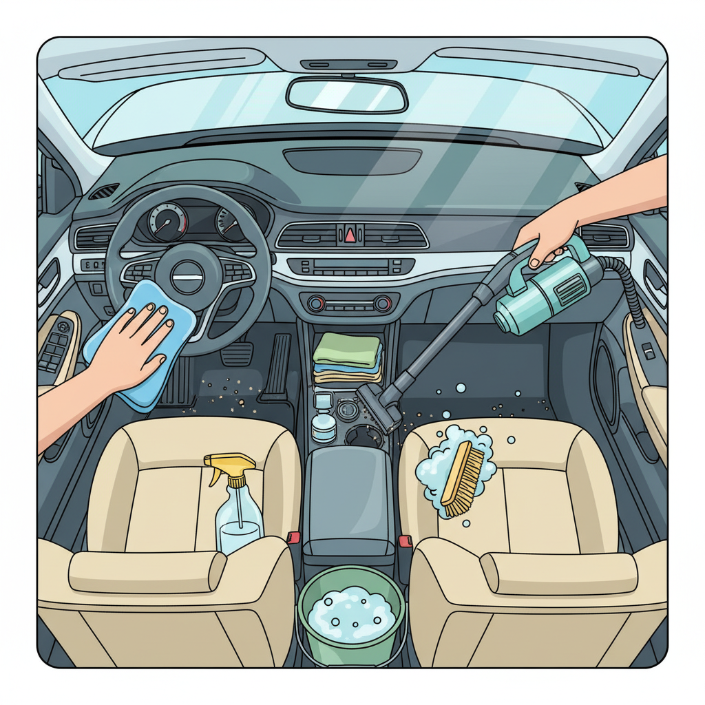 An overhead, clean and bright flat illustration of a car's interior, focusing on the driver's and front passenger's side. Various cleaning tools are depicted in action or laid out, symbolizing a comprehensive cleaning effort: a hand vacuum with an extension reaching under a seat, a microfiber cloth wiping the dashboard, and a spray bottle with a brush near a car seat, indicating upholstery cleaning. The overall impression should be one of thoroughness and freshness.