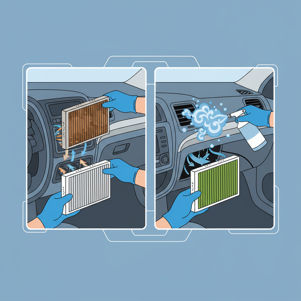 An infographic-style illustration depicting a simplified, cutaway view of a car's dashboard and engine compartment, specifically highlighting the ventilation system. One part shows a hand removing a visibly dirty cabin air filter and replacing it with a pristine, new one. Another section illustrates a nozzle spraying a cleaning solution into an air vent, with stylized mist reaching into the ducts. Use clean lines and a clear visual hierarchy.