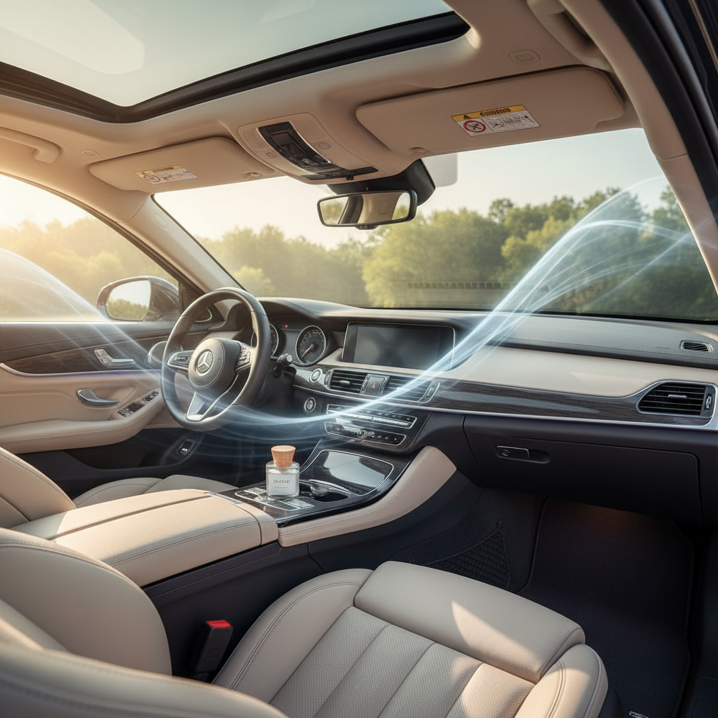 A professional, brightly lit photo of a spotless, inviting car interior, possibly with sunlight streaming through the windows. The upholstery, dashboard, and carpets appear impeccably clean and vibrant. A subtle visual cue, like a very light, almost invisible wave of fresh air or a soft, diffuse glow within the cabin, conveys a sense of renewed freshness and cleanliness, symbolizing the successful removal of unpleasant odors.