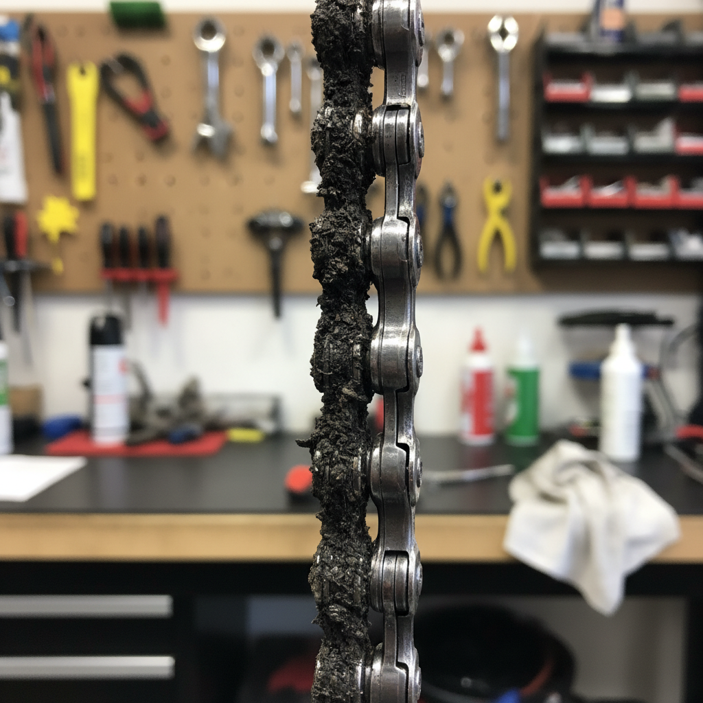 A professional photo of a road bike chain, visibly covered in grime, dirt, and old lubricant, contrasting sharply with a sparkling clean section of chain, highlighting the difference in appearance and condition. The background should be a subtle, out-of-focus garage or workshop setting. Emphasize the texture of the dirt and the cleanliness of the maintained part.