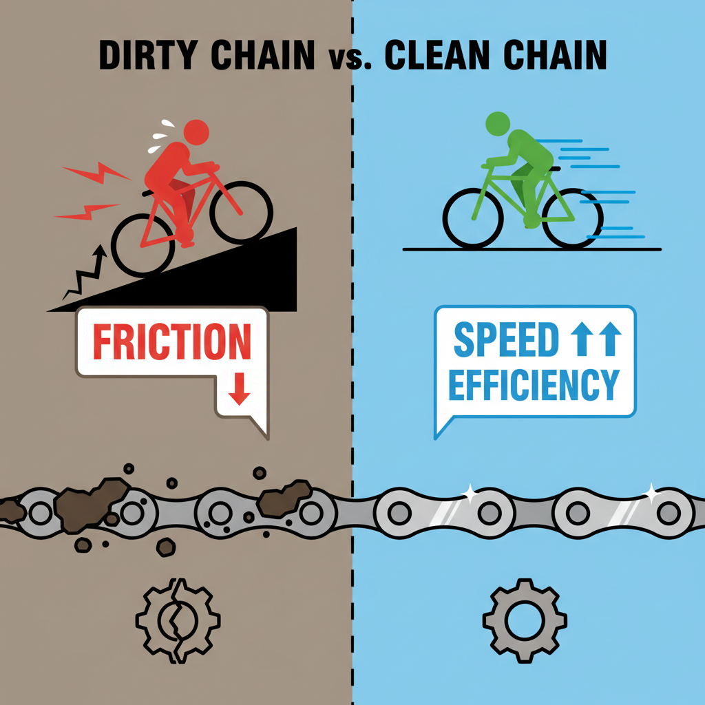 A vibrant, flat illustration depicting the negative effects of a dirty bike chain. On one side, a stylized chain with exaggerated dirt particles, causing a bicycle icon to struggle uphill with visible effort and a 'friction' graphic. On the other side, a clean chain allows a bicycle icon to glide effortlessly with 'speed' and 'efficiency' icons. Use a clear, infographic style with simple, universally understandable symbols.