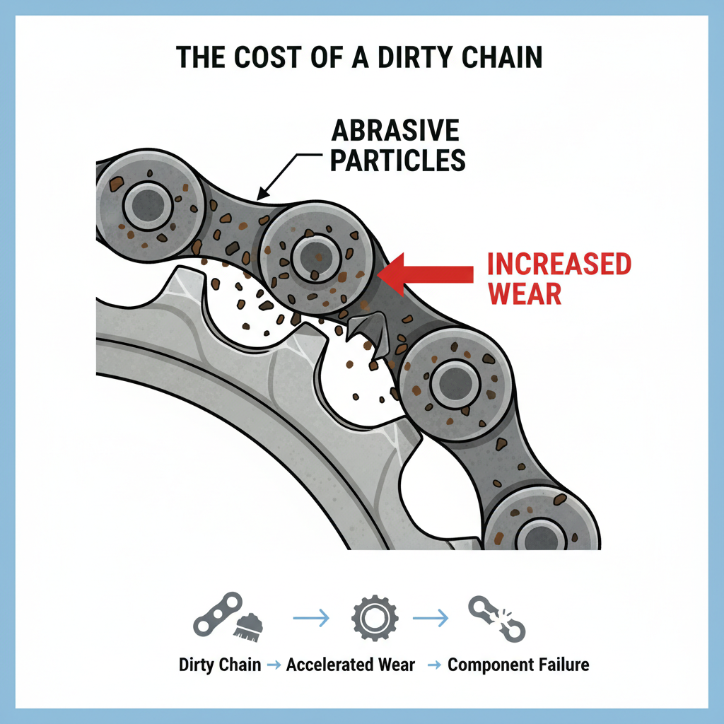 A detailed infographic diagram illustrating the accelerated wear on bicycle components due to a dirty chain. Show a cross-section or close-up view of a chain link grinding against a set of cog teeth. Clearly label 'abrasive particles' and show an arrow indicating 'increased wear' on both the chain and the cog. The cog teeth should be depicted as visibly eroded or 'shark-toothed'. Use a clean, technical drawing style with clear annotations.