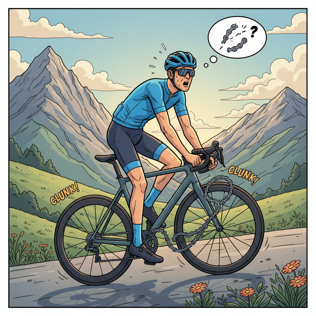 A dynamic action shot or stylized illustration of a cyclist experiencing a chain malfunction on a scenic road. The cyclist's expression should convey frustration or surprise as the chain appears to be skipping or off the sprockets. The background should be a beautiful, open road with mountains or rolling hills, creating a stark contrast between the ideal riding scenario and the mechanical failure. The bike should be a modern road bike, emphasizing performance.