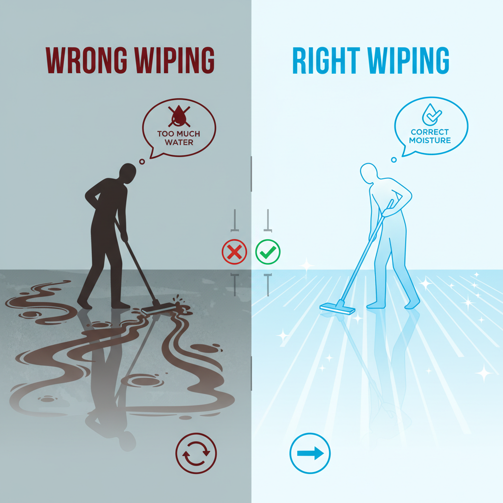 A detailed infographic-style illustration contrasting 'Wrong Wiping' vs. 'Right Wiping' techniques. On one side, show a shadowy figure haphazardly pushing dirty water around with a soaking wet mop, leaving visible streaks and puddles. On the other side, a bright, clean figure is meticulously mopping in straight lines with a well-wrung mop, the floor behind them sparkling. Use subtle icons to represent issues like 'too much water' vs. 'correct moisture'.