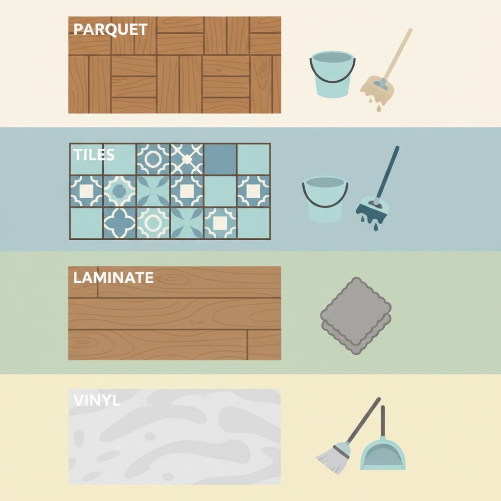 A flat illustration depicting various floor types (parquet, tiles, laminate, vinyl) each with a small icon suggesting its appropriate cleaning tool or method. For parquet, show a slightly damp mop; for tiles, a wetter mop; for laminate, a microfibre cloth. The overall design should be clean and informative, using a limited color palette that is easy on the eyes, resembling a helpful guide.