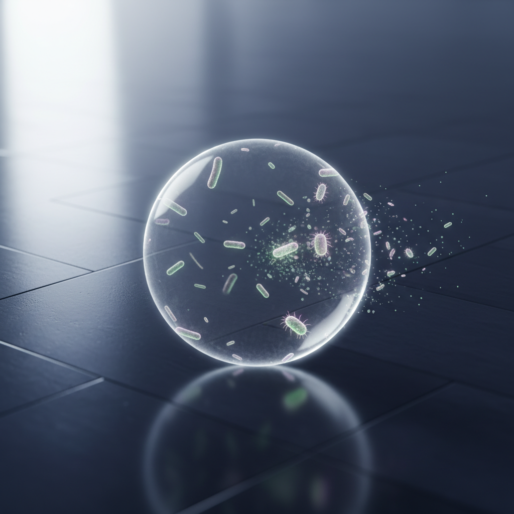 A close-up, professional studio shot of a sparkling clean floor surface (can be ambiguous, perhaps a polished tile or wood), with a microscopic view overlay showing bacteria and dust particles being effectively removed or absent. The overall image should convey the idea of hygiene and the removal of unseen contaminants, emphasizing the 'why' behind proper cleaning. Soft, clean light illuminates the surface.