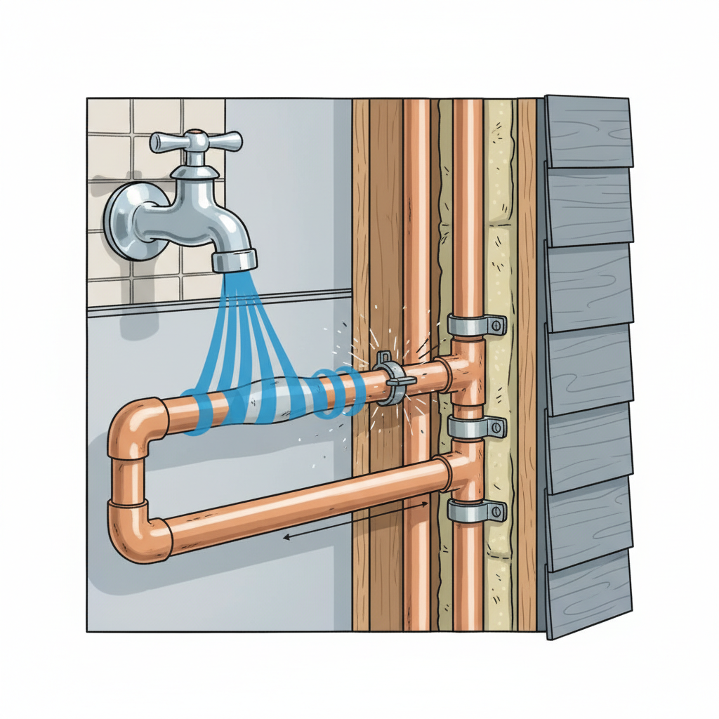 A detailed technical illustration showing a cutaway view of a modern house wall with water pipes inside. Focus on a section where a water tap is abruptly closing. A vibrant blue pressure wave is visibly propagating through the water in the pipe, causing a specific section of the pipe to vibrate and subtly shift against its mounting, creating a visual 'knock' effect. The pipe material (e.g., copper) should be clearly discernible, emphasizing the kinetic energy of the water. Style: Explanatory infographic, clean lines, bright yet professional colors.
