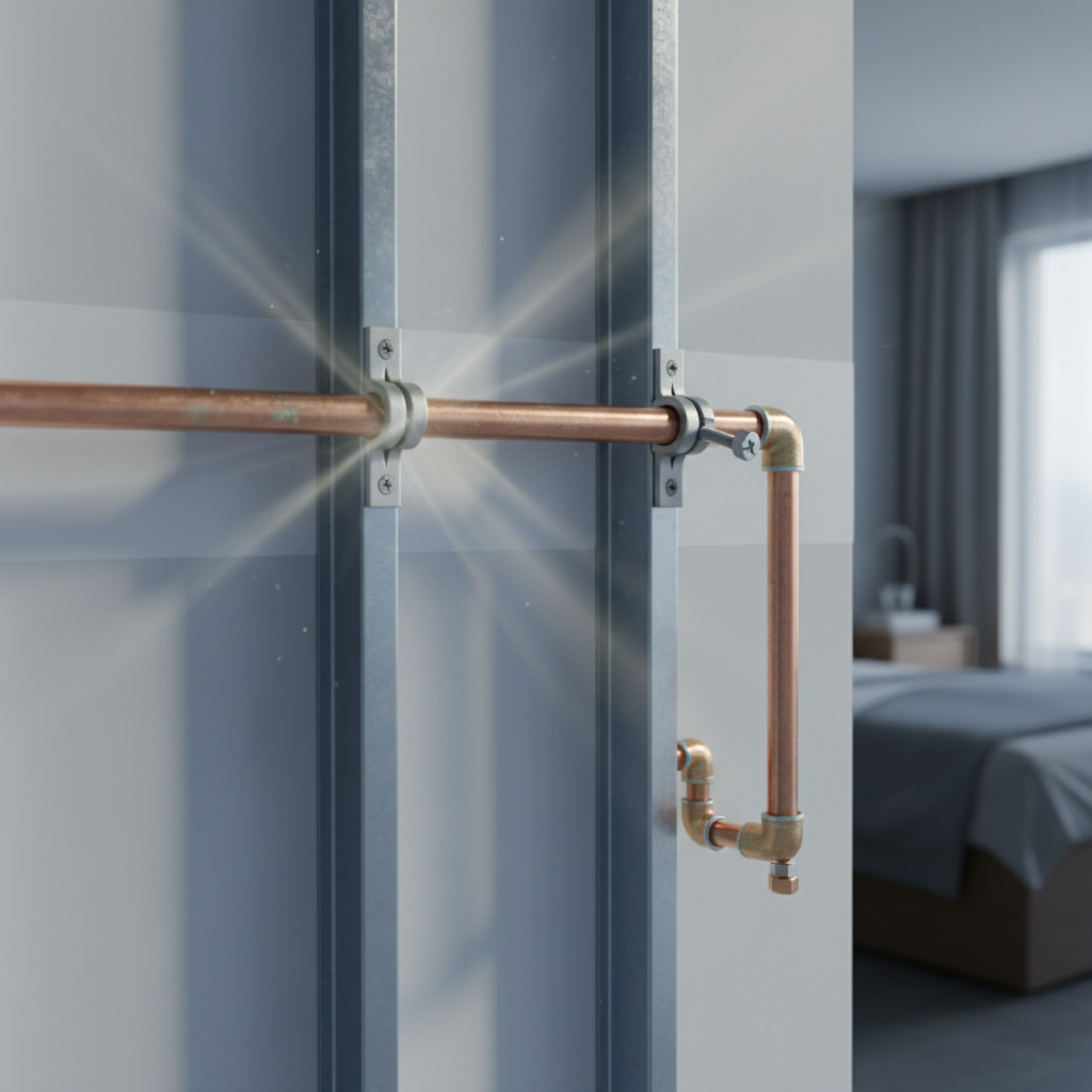 An illustrative cross-section of an interior wall, revealing a segment of a domestic water pipe running vertically or horizontally. One particular pipe clamp (Rohrschelle) is depicted as noticeably loose, with a small but distinct gap between the clamp and the pipe, allowing the pipe to subtly sag or shift away from the wall. This visual movement should clearly convey instability, hinting at potential for movement and knocking. Style: Realistic 3D render with a translucent wall overlay, focus on the mechanics of the loose fitting.