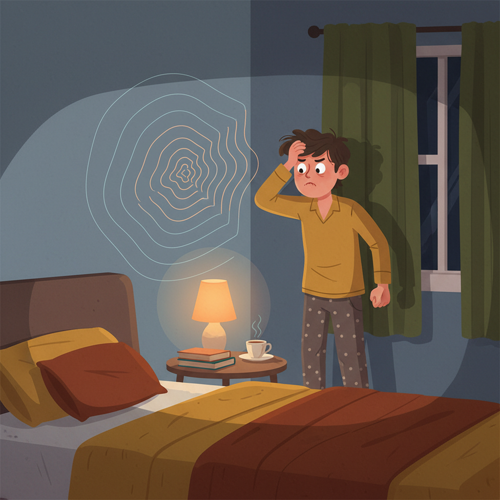A flat illustration depicting a cozy, dimly lit bedroom at night. A person, perhaps in bed or standing next to the wall, looks directly at the wall with a slightly startled and frustrated expression. A subtle, stylized ripple or vibration emanates from within the wall, indicating an unseen noise. The overall mood should convey annoyance and disturbance, without explicitly showing the pipes or the sound as text. Style: Modern flat illustration, warm domestic color palette with a touch of unease.