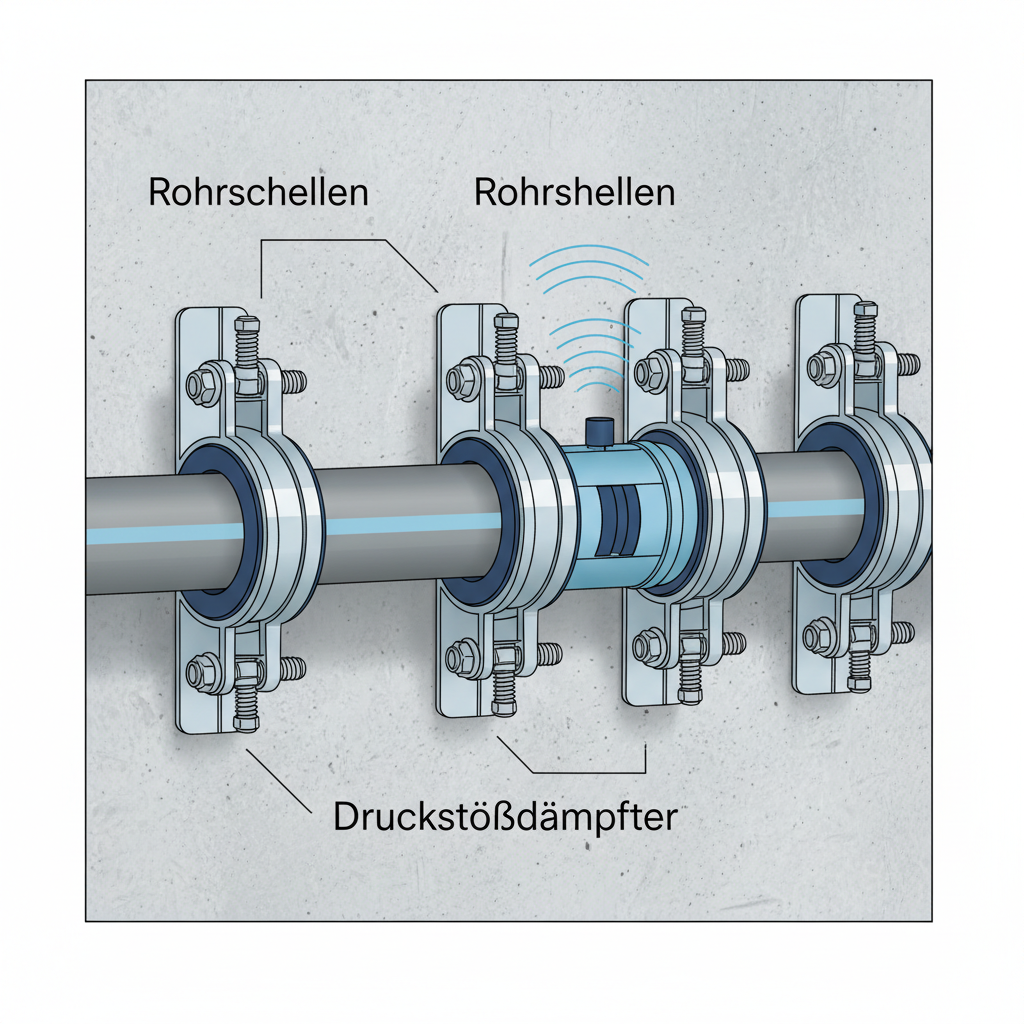 A clear, simplified technical diagram illustrating a section of a stable plumbing system within a wall. The image features a pipe securely anchored by multiple robust pipe clamps (Rohrschellen) that are tightly fastened, preventing any movement. Additionally, a visible water hammer arrestor (Druckstoßdämpfer) is integrated into the pipe, depicted in a 'working' state, absorbing a gentle pressure wave indicated by a subtle internal mechanism. Style: Clean infographic, schematic but visually appealing, emphasizing solutions and stability with a calm blue and gray color scheme.