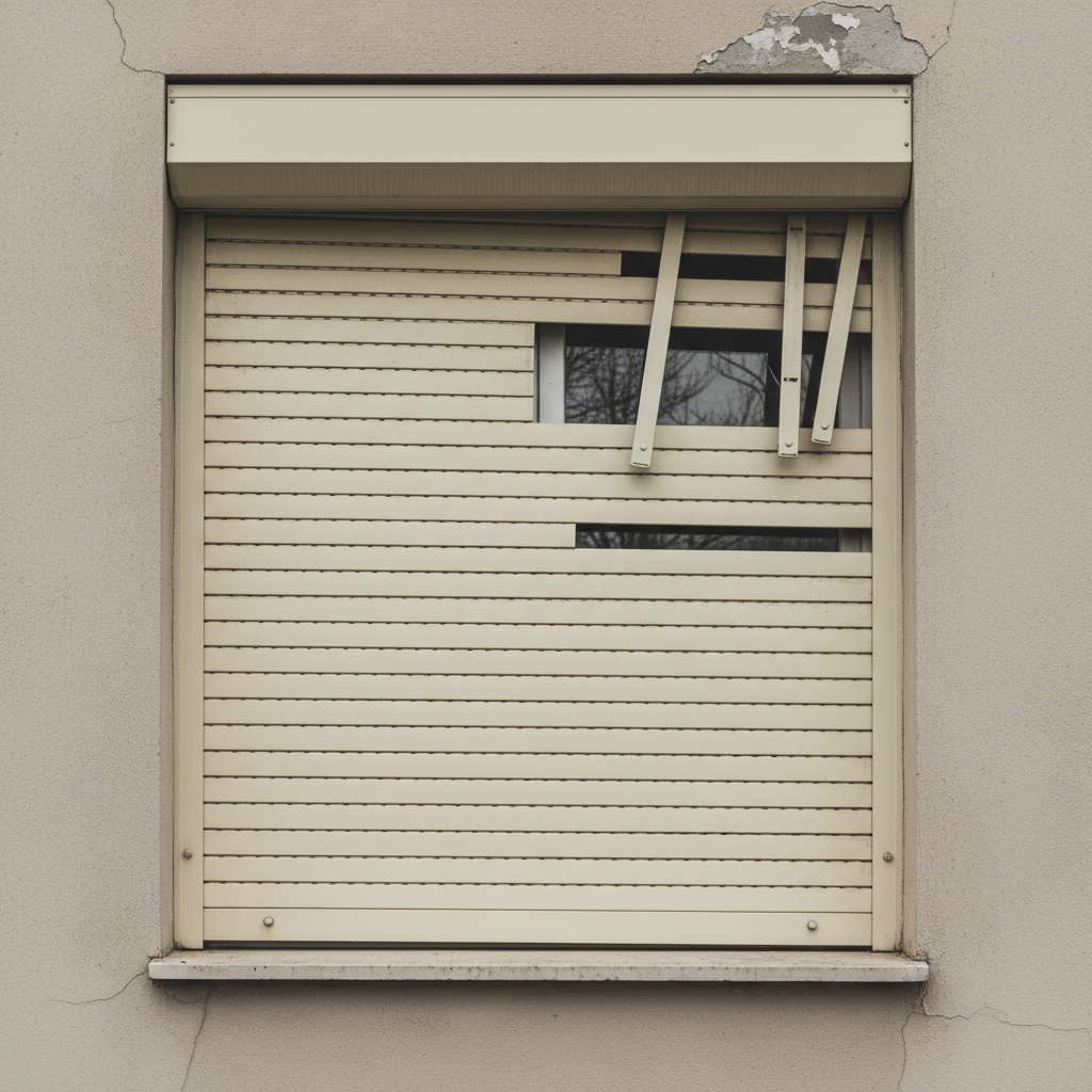 A residential window featuring a roller shutter that is clearly malfunctioning. The shutter slats are askew, partially open but jammed, with some individual lamellae appearing slightly detached or out of alignment near the top where it enters the roller shutter box. The scene conveys a sense of frustration or disrepair. Use a realistic, slightly desaturated photographic style, focusing on the mechanical failure rather than the surrounding environment.