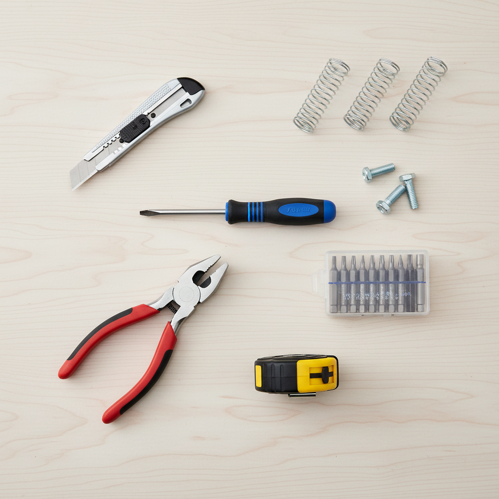 A well-organized flat lay photograph of essential DIY tools for roller shutter repair. Include a screwdriver with multiple bits, a pair of pliers, a tape measure, a small utility knife, and a few examples of new roller shutter suspension springs or bolts. All items are neatly arranged on a clean, light-colored workbench or surface, suggesting readiness for a repair task. The lighting is bright and even, highlighting the tools' details.