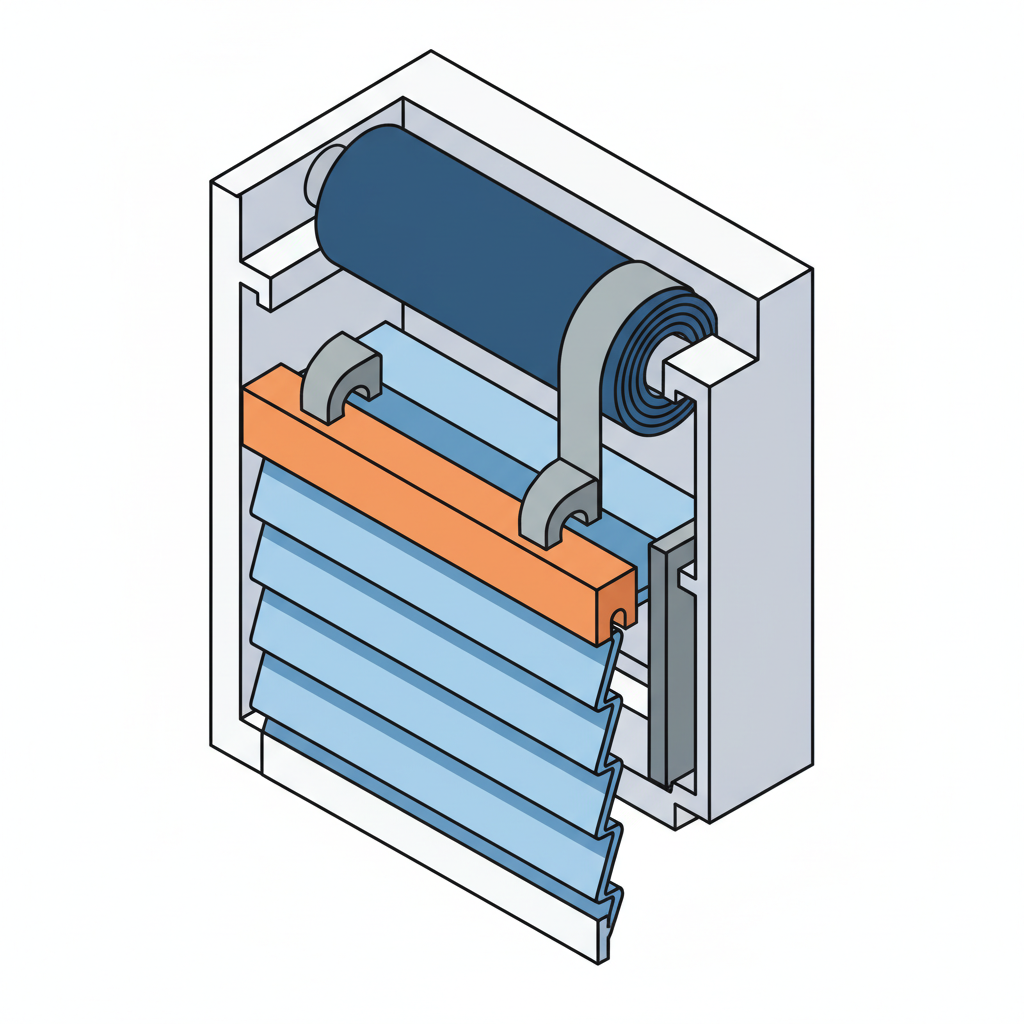An isometric, cutaway diagram illustrating the internal components of a typical roller shutter system within a window frame. The view clearly shows the winding shaft (Wickelwelle) at the top, the roller shutter slats (Lamellen) descending, and the specific connection point where the roller shutter suspension attaches the top slat to the winding shaft. The illustration uses clean lines and distinct colors to differentiate components, in a modern infographic style.
