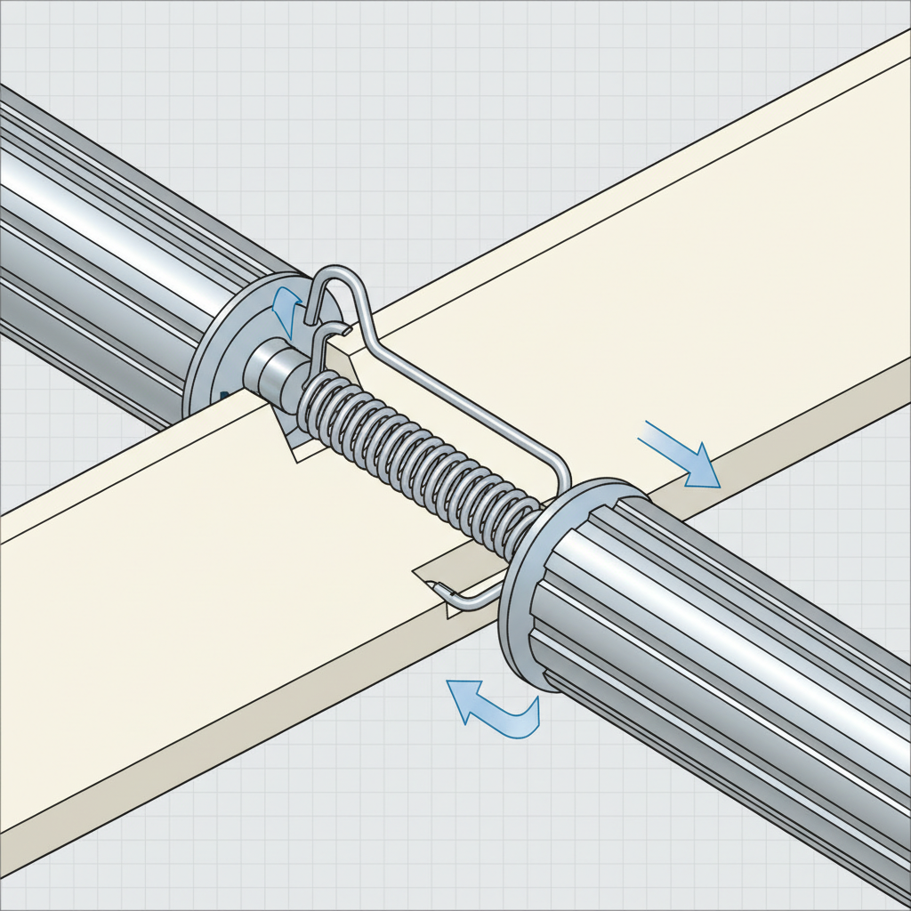 A detailed close-up illustration focusing on the 'Rolladen-Aufhängefedern' (roller shutter suspension springs) mechanism. Show a spring or bolt clearly inserted into the end of a roller shutter slat, and its engagement with a corresponding hole or groove on the winding shaft. The illustration should be clear and precise, highlighting the mechanics of how this type of suspension holds the slat to the shaft. Use a clean, technical drawing style with a neutral background.