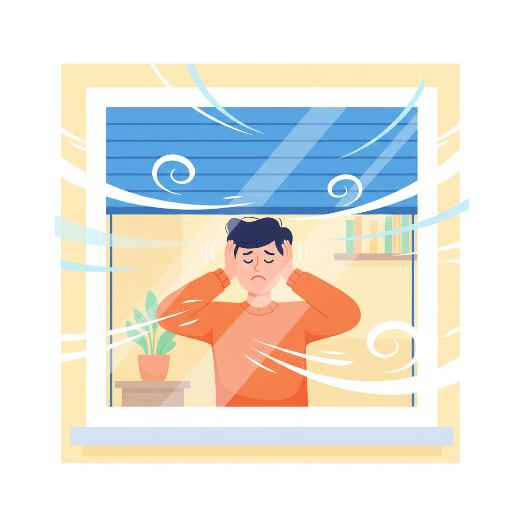 A vibrant, modern flat illustration showing a house window on a breezy day. The roller shutter is visibly vibrating or slightly askew, indicated by subtle motion lines or a slight blur. Outside, stylized wind gusts around the window. Inside, a subtly depicted person holds their hands to their ears with a mild, frustrated expression, conveying the annoying sound of the rattling shutter. The scene should evoke a sense of disturbance caused by the wind.