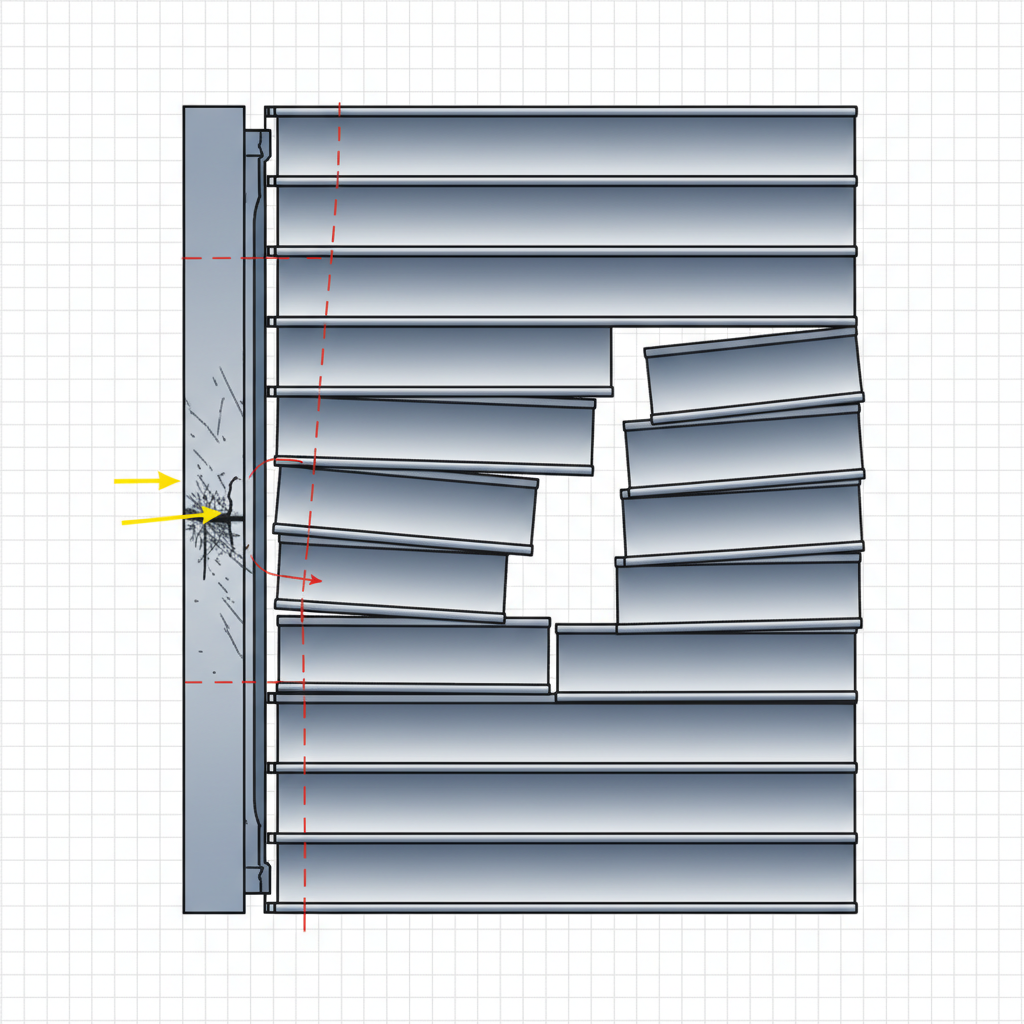 A detailed technical illustration or diagram-style image focusing on a cross-section of a roller shutter. The image clearly highlights individual slats (lamellae) that are loose, showing irregular gaps between them. Simultaneously, the guide rail alongside the roller shutter is depicted with visible signs of wear and tear, such as abrasion marks, a slightly bent profile, or minor damage, indicating where the loose shutter might be impacting it during windy conditions.