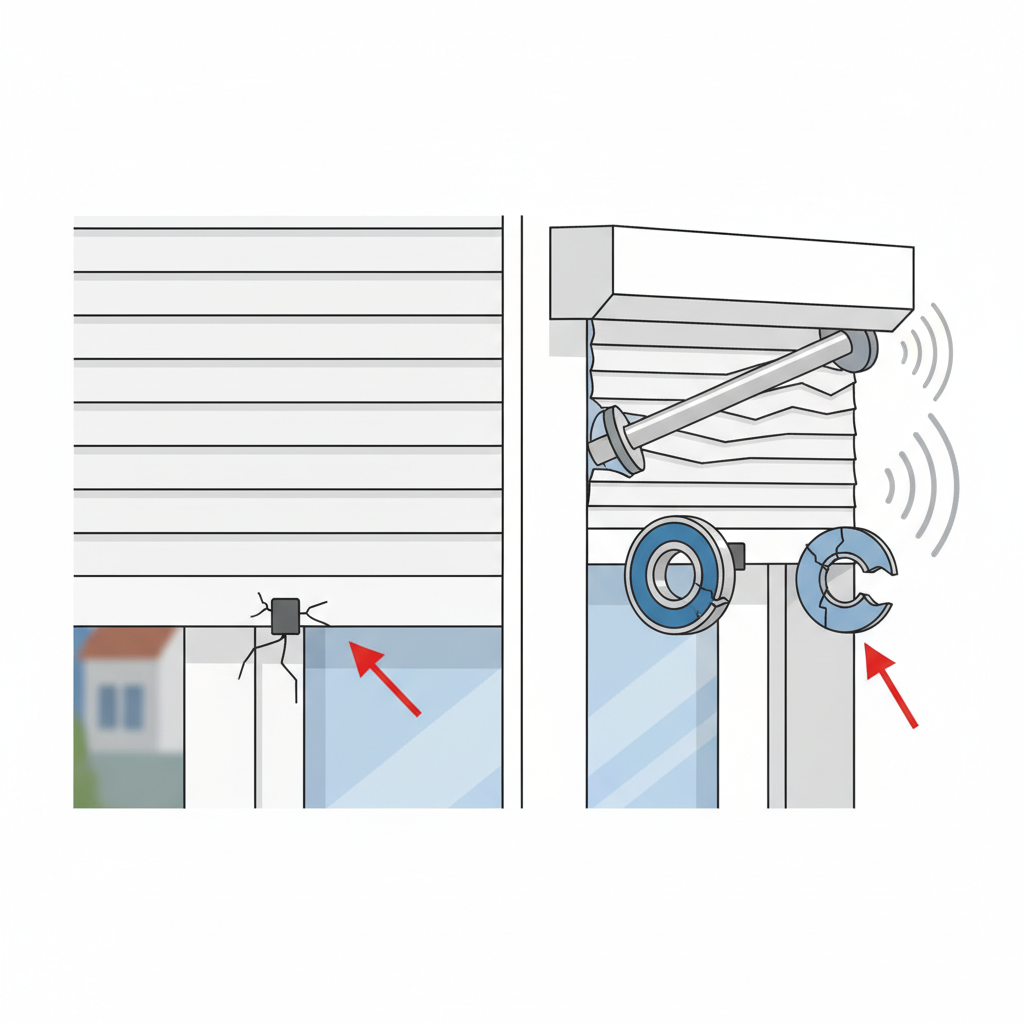 An infographic-style illustration presenting two common issues. One part focuses on the lower section of a roller shutter, clearly showing a broken or entirely missing stopper at the bottom slat, which allows the shutter to hit the window frame. The other part is a translucent, cutaway view of the roller shutter box, revealing internal components like a misaligned winding shaft or a damaged bearing, contributing to the noise from within the box.
