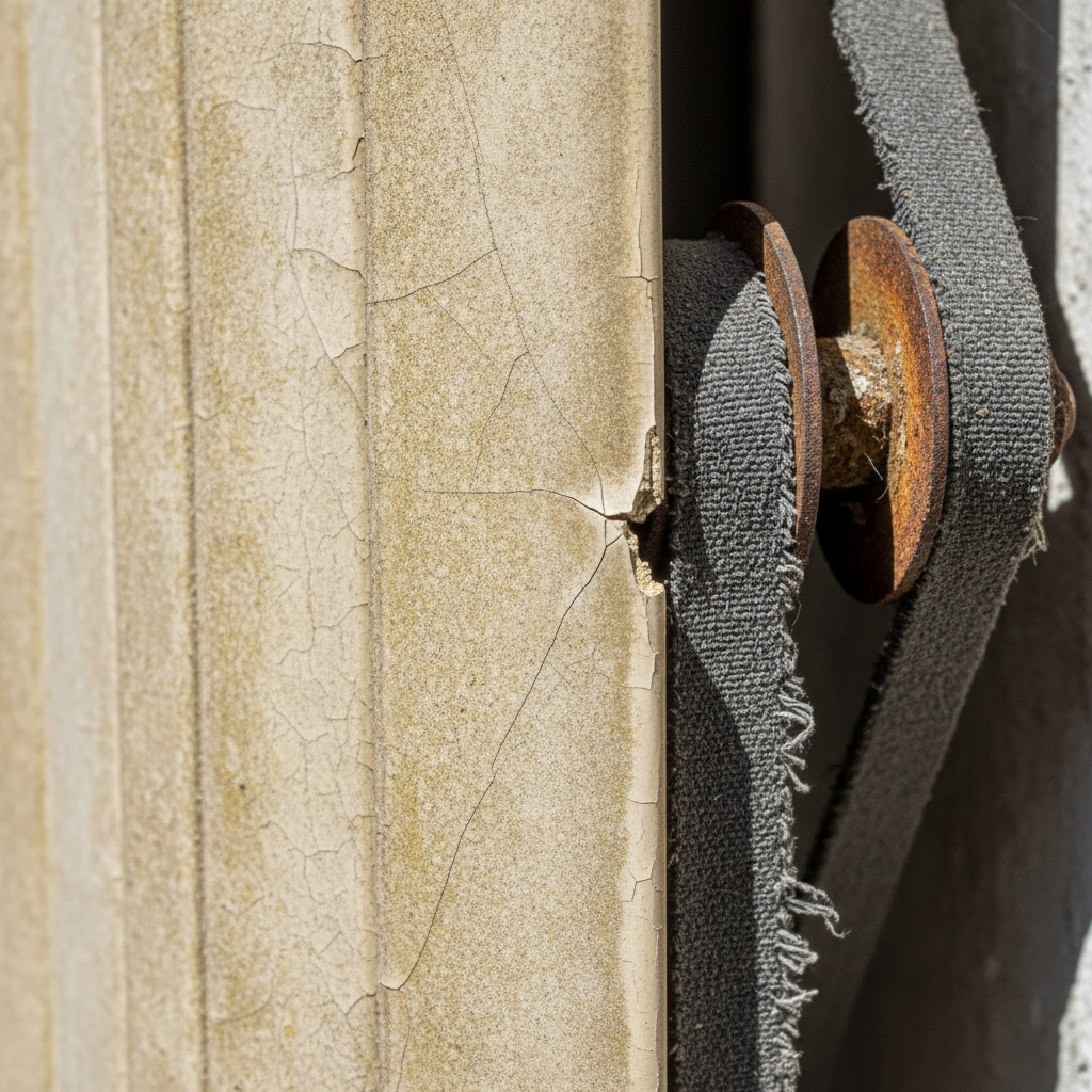 A close-up, high-definition photo realistic rendering of an old and weathered roller shutter component. The focus is on a single slat (lamella) made of plastic or aluminum, showing clear signs of material fatigue: fine stress cracks, discoloration from prolonged UV exposure, and subtle warping. In the background, slightly blurred, a worn-out roller shutter belt or a corroded belt drum mechanism is visible, emphasizing the impact of age and elements.