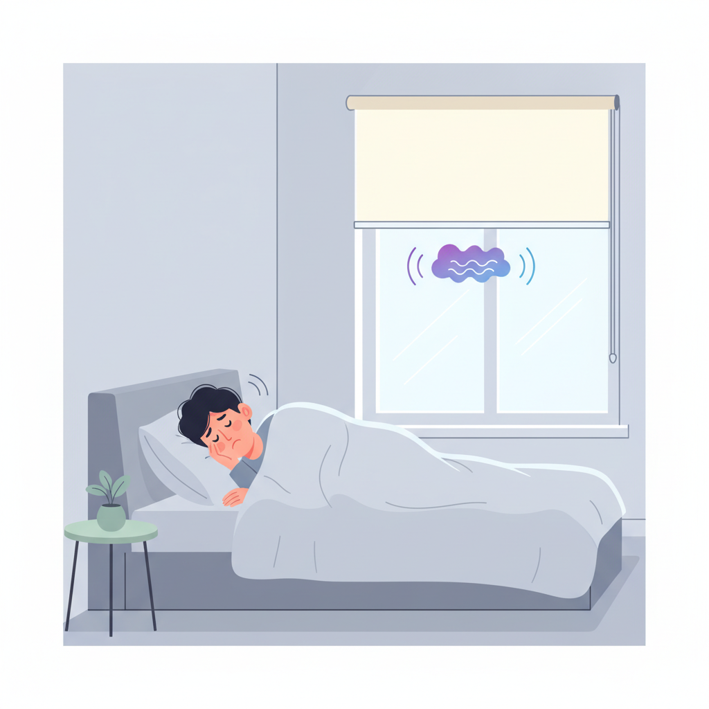 A modern, clean flat illustration depicting a sleeping person in bed, disturbed by an audible 'squeak' emanating from a partially raised roller shutter in the bedroom window. The sound is visualized with wavy lines or subtle light effects. The overall atmosphere conveys a gentle but clear sense of disruption and annoyance in a domestic setting, highlighting the problem of a noisy roller shutter.