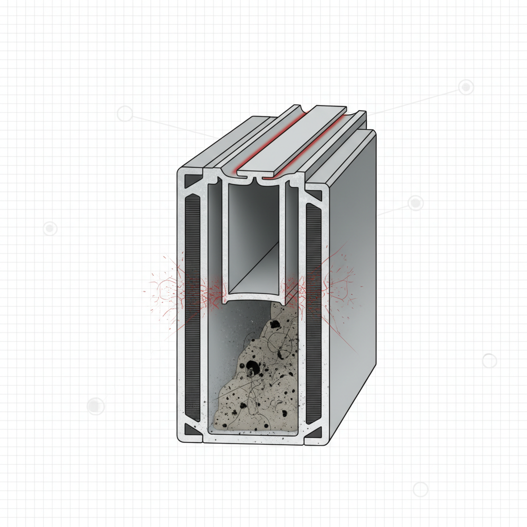 An intricate infographic-style cutaway diagram illustrating the internal mechanics of a roller shutter guide rail and a single slat. Clearly depict accumulated dust, dirt, and small debris particles within the guide rail's channel. Show areas of dry friction between the slat and the rail using subtle red shading or worn textures, indicating a lack of lubrication as a primary cause for squeaking.