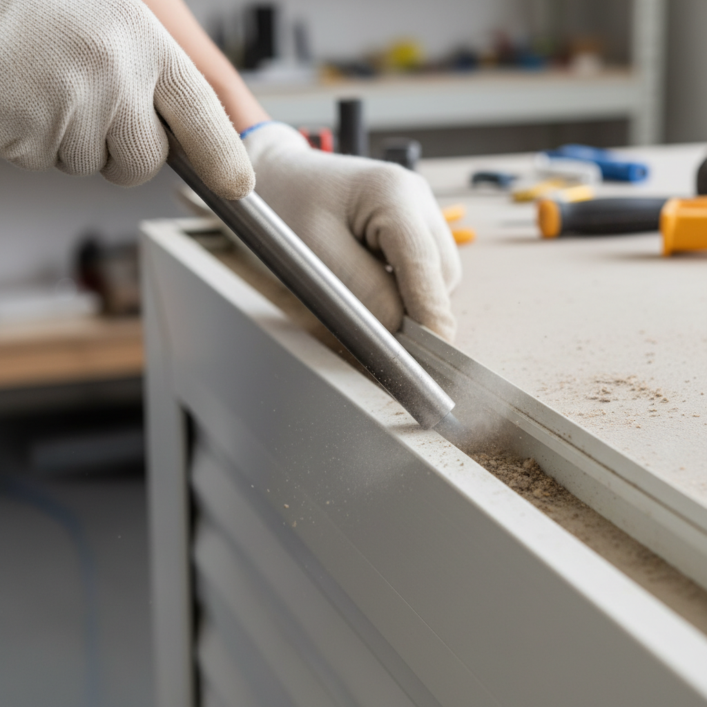 A professional, close-up photo showing a pair of hands using a narrow nozzle attachment of a vacuum cleaner to meticulously clean the inside of a roller shutter guide rail. Dust and small particles are visibly being suctioned away from the track. The roller shutter slat is partially visible within the clean segment of the rail, conveying a sense of active problem-solving and cleanliness.