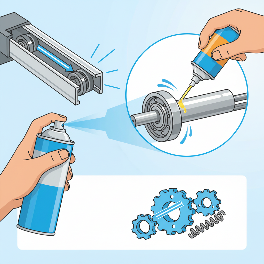 A vibrant, modern vector illustration showcasing different components of a roller shutter system being maintained. A hand is shown applying a lubricating spray into the guide rail, while another detail highlights a bearing on the roller shutter axle receiving lubricant. The illustration should emphasize smooth, well-maintained parts, implying preventative care for silent operation.