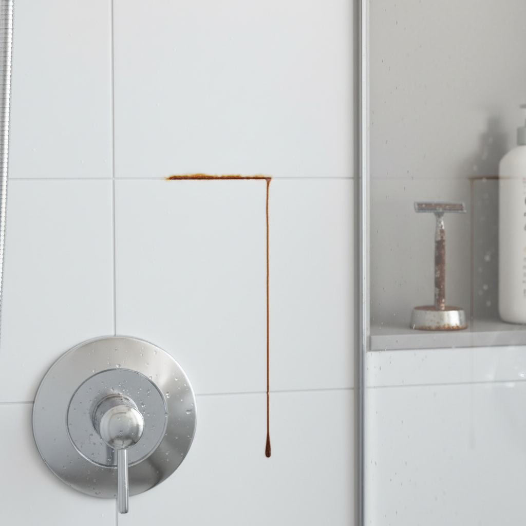 A close-up, professional photograph of a pristine, modern shower stall, but with a noticeable reddish-brown rust stain on a white tile grout line and a small drip mark down the side of a glass panel. In the background, slightly out of focus, a rusted razor blade or a metal-bottomed shampoo bottle could be subtly visible on the shower shelf, hinting at the cause. The overall lighting should be bright and clean, emphasizing the contrast between the clean shower and the unsightly rust, making the problem visually apparent.